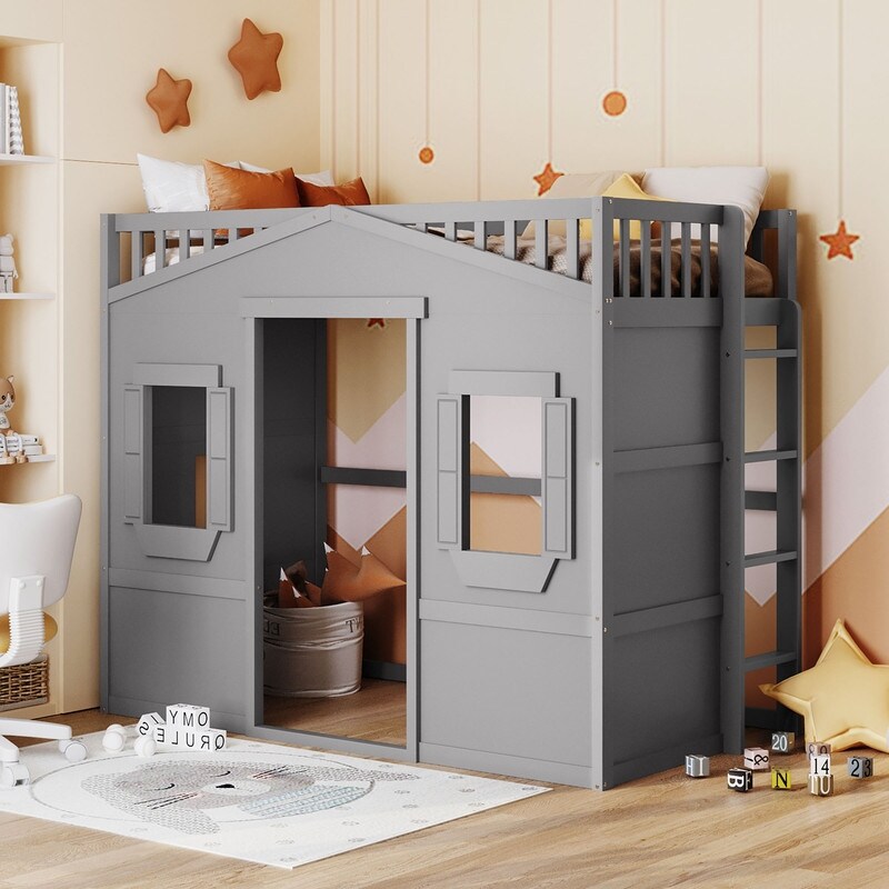 Twin Size House Shaped Loft Bed with Ladder Solid Wood Kids Cartoon Bed Frame with Storage Space for Bedroom Grey White Bed Bath Beyond 39874561